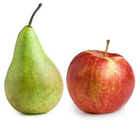 Pear and apple isolated on white backgroundの写真素材