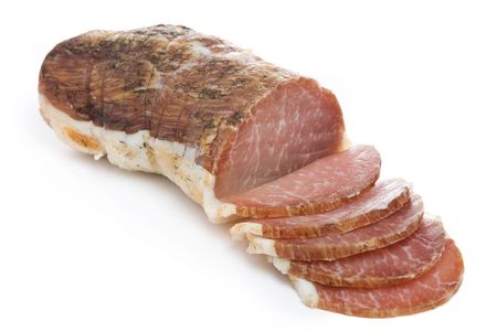 Dry Parma ham isolated over white backgroundの写真素材