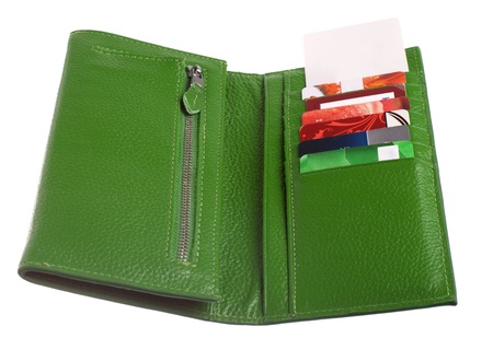 Open green leather walletの写真素材
