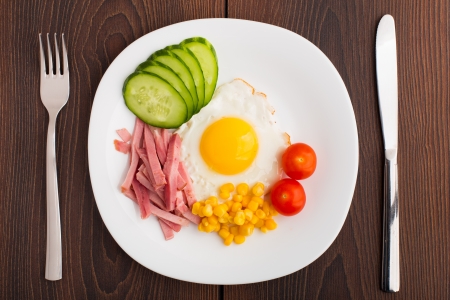 Fried egg with vegetables and hamの写真素材