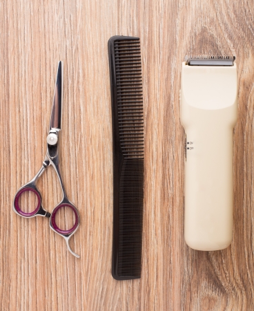 Barber accessories on wooden tableの写真素材