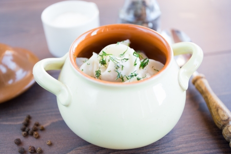 Fresh boiled meat dumplings served with dill in a potの写真素材