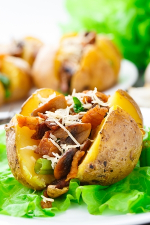 Delicious baked potato with bacon and mushroomsの写真素材