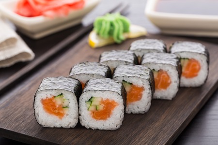 Sushi rolls with salmon and cucumberの写真素材
