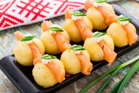 Potato gnocchi with salmonの写真素材