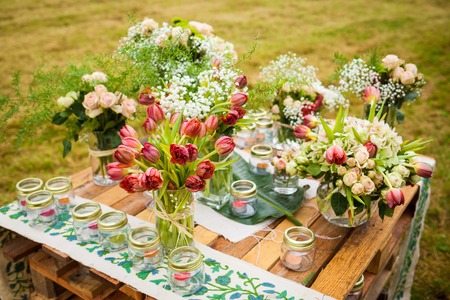 flowers table outdoor wedding decorationの写真素材