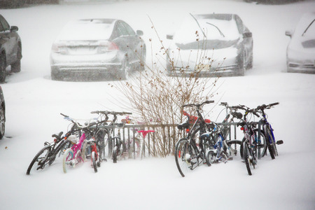 many bikes parked in snow storm buriedの写真素材