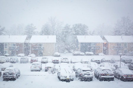 Night village under heavy snow storm countryの写真素材