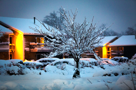 Night village under heavy snow storm countryの写真素材