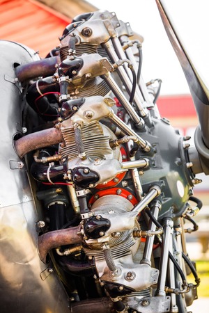 Rotor vintage plane engine close up with propeller