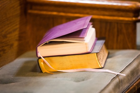 Holy books at church bench religion and faith