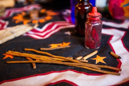 Shaman spiritual tools on the table isolatedの写真素材