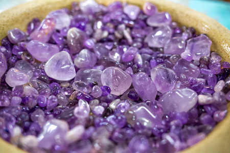 Collection of beautiful amethyst stones close up macroの写真素材
