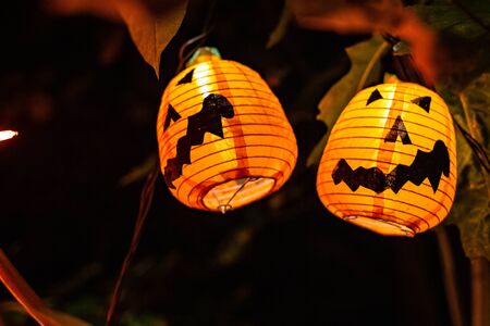 Scary halloween decorations outdoors at night close upの写真素材