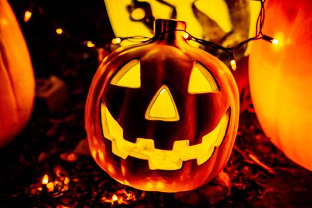 Scary halloween decorations outdoors at night close upの写真素材