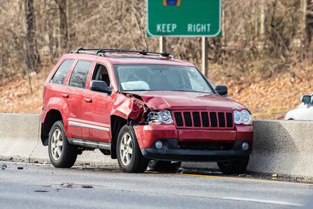 Car crash accident on highway at day nobodyの写真素材