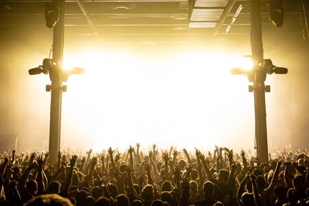 People shadows silhouette at concert from back light