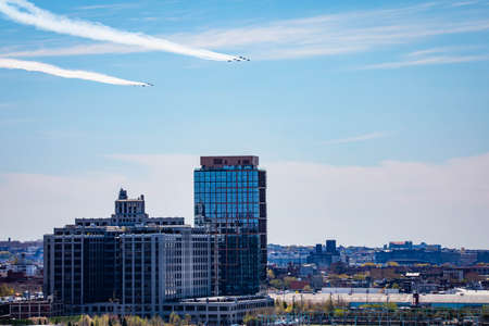 New York, NY / USA - 4/28/2020: Airforce and navy Thunderbirds and Blue Angels fly over Manhattand and Philadelphia to support medicine workers during covid pandemyのeditorial素材