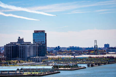 New York, NY / USA - 4/28/2020: Airforce and navy Thunderbirds and Blue Angels fly over Manhattand and Philadelphia to support medicine workers during covid pandemyのeditorial素材