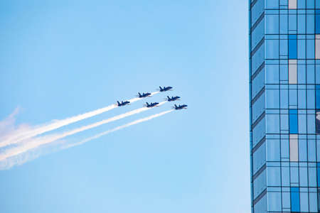 New York, NY / USA - 4/28/2020: Airforce and navy Thunderbirds and Blue Angels fly over Manhattand and Philadelphia to support medicine workers during covid pandemyのeditorial素材