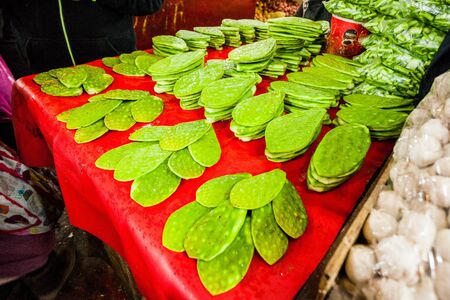 Cleaned and fresh nopales for sale in market store foodの写真素材