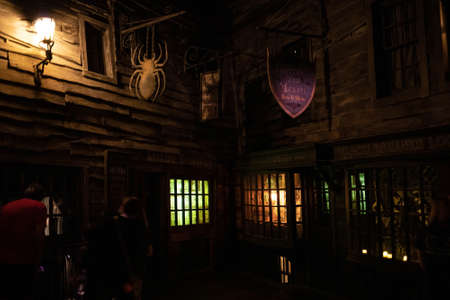 Orlando, USA - Feb. 12, 2021: Knockturn dark alley from Harry Potter movie theme parkのeditorial素材