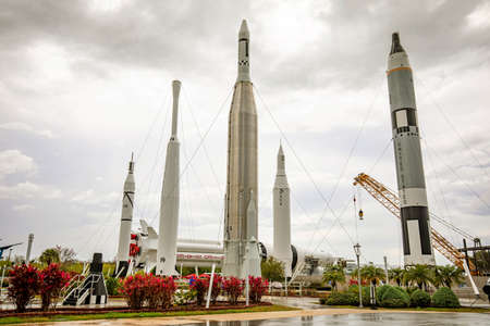 Florida, USA - Feb. 13, 2021: Space rockets garden exposition at Kennedy Space Center Visitor Complex outdoorsのeditorial素材