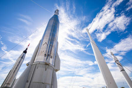 Florida, USA - Feb. 13, 2021: Space rockets garden exposition at Kennedy Space Center Visitor Complex outdoorsのeditorial素材