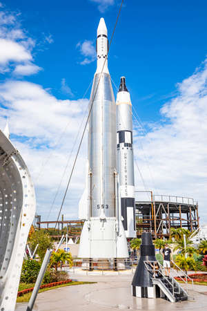 Florida, USA - Feb. 13, 2021: Space rockets garden exposition at Kennedy Space Center Visitor Complex outdoorsのeditorial素材