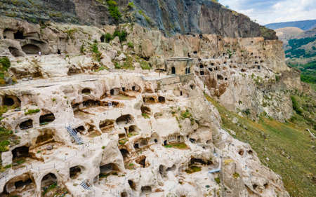 Aerial view of Vardzia ancient cave monastery in the Erusheti Mountain at Kura River in Georgiaの写真素材
