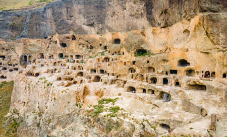 Aerial view of Vardzia ancient cave monastery in the Erusheti Mountain at Kura River in Georgiaの写真素材