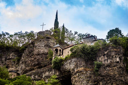 View of Mghvimevi Georgian Orthodox monastery in region of Imereti, near the town of Chiaturaの写真素材