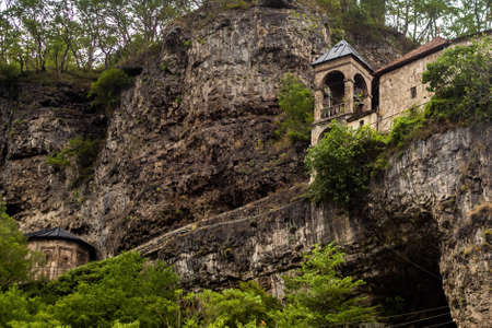 View of Mghvimevi Georgian Orthodox monastery in region of Imereti, near the town of Chiaturaの写真素材