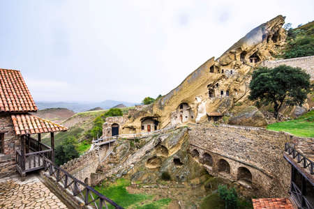 View of David Gareja Lavra orthodox monastery caves built in rock Georgiaの写真素材