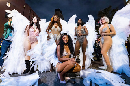 New York, NY - October 31, 2021: Angels ladies beautiful costumes at NYC Village Halloween paradeのeditorial素材