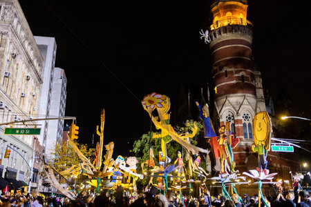 New York, NY - October 31, 2021: Scary kids and family costumes at NYC Village Halloween parade