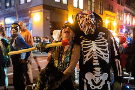 New York, NY - October 31, 2021: Scary monsters and skeletons performers at NYC Village Halloween paradeのeditorial素材