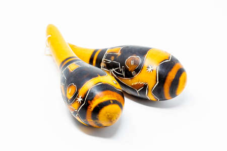 Pair of traditional crafted Peruvian Carved Gourd Rattle Maracasの写真素材