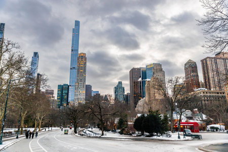 Winter view on Manhattan cityscape buildings at scenic sunset from Central Park New Yorkの写真素材