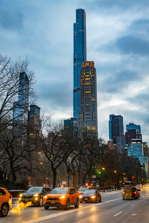 Winter view on Manhattan cityscape buildings at scenic sunset from Central Park New Yorkの写真素材