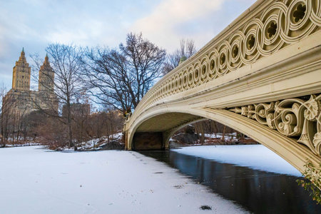 Panoramic view of New York Central Park Bow bridge ice lake and Upper West side buildings in winterの写真素材