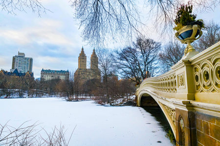 Panoramic view of New York Central Park Bow bridge ice lake and Upper West side buildings in winterの写真素材