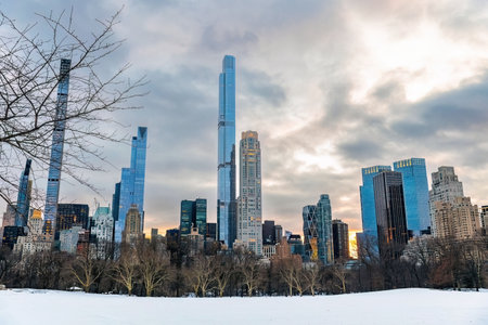 Winter view on Manhattan cityscape buildings at scenic sunset from Central Park New Yorkの写真素材