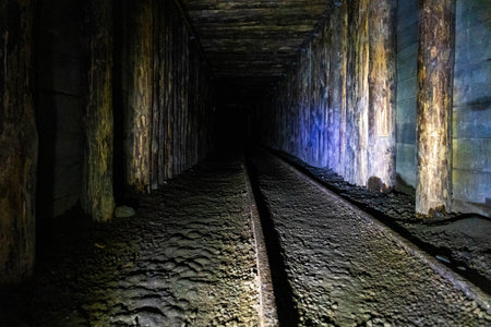 Inside dark old salt mine wooden cave vintage architecture in Krakow Poland