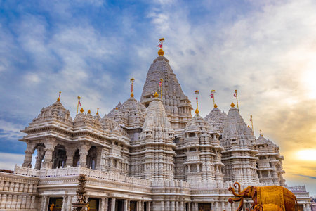 Scenic view of Akshardham Mahamandir temple at BAPS Swaminarayan Akshardham during sunset