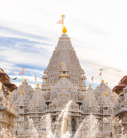Scenic view of Akshardham Mahamandir temple at BAPS Swaminarayan Akshardham during sunset
