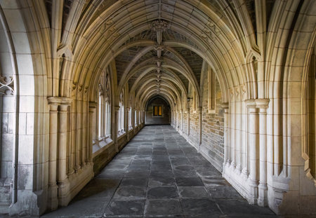 Princeton, NJ, USA - 03-31-2024: Scenic gothic hall in Princeton University at day with nobody