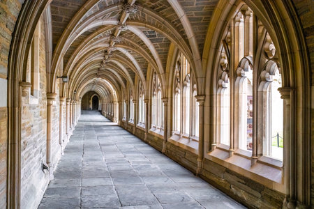 Princeton, NJ, USA - 03-31-2024: Scenic gothic hall in Princeton University at day with nobodyの写真素材