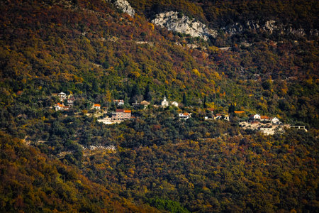 Scenic view of Montenegro mountains hills suburban landscape from the seaの写真素材