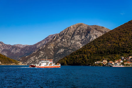 Ferry sailing between Montenegro coasts local sea transportation